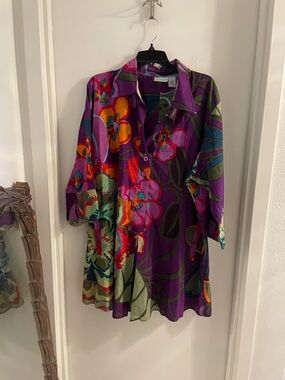 Soft Surroundings size 3X Purple cotton Floral Pockets Henley neck Tunic Top